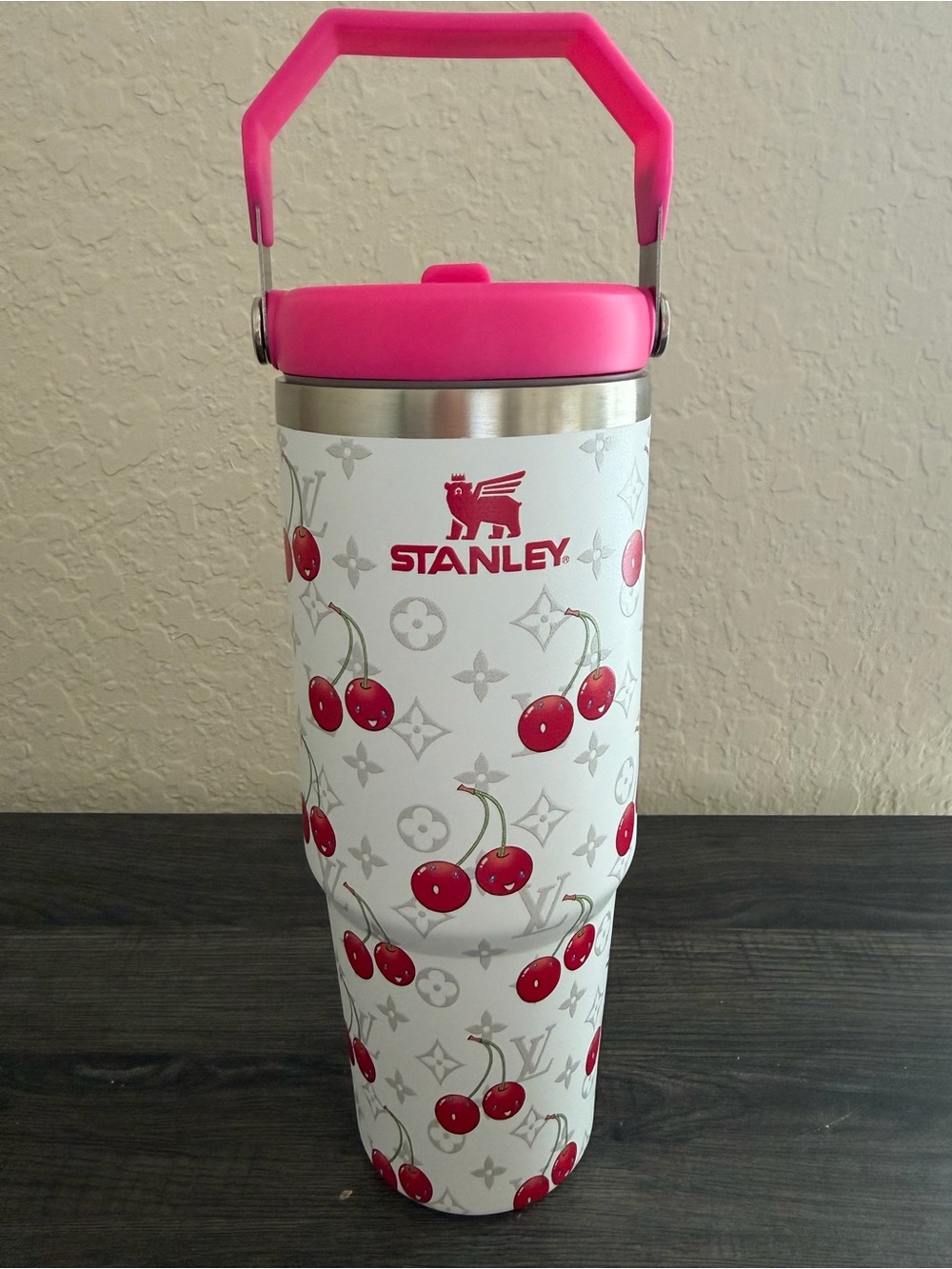 Cherry Print 30oz Flip Straw Tumbler Pink Handle w/ Box